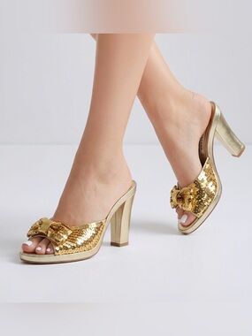 $575 Marc Jacobs Sequin Gold Bow Platform Sandals - Size 7.5